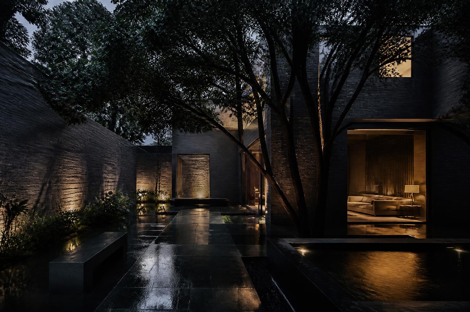 Dark contemporary Lahore courtyard architecture after rain