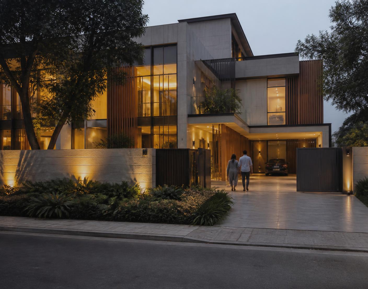 Contemporary Lahore residence at dusk with stone cladding and landscaped garden