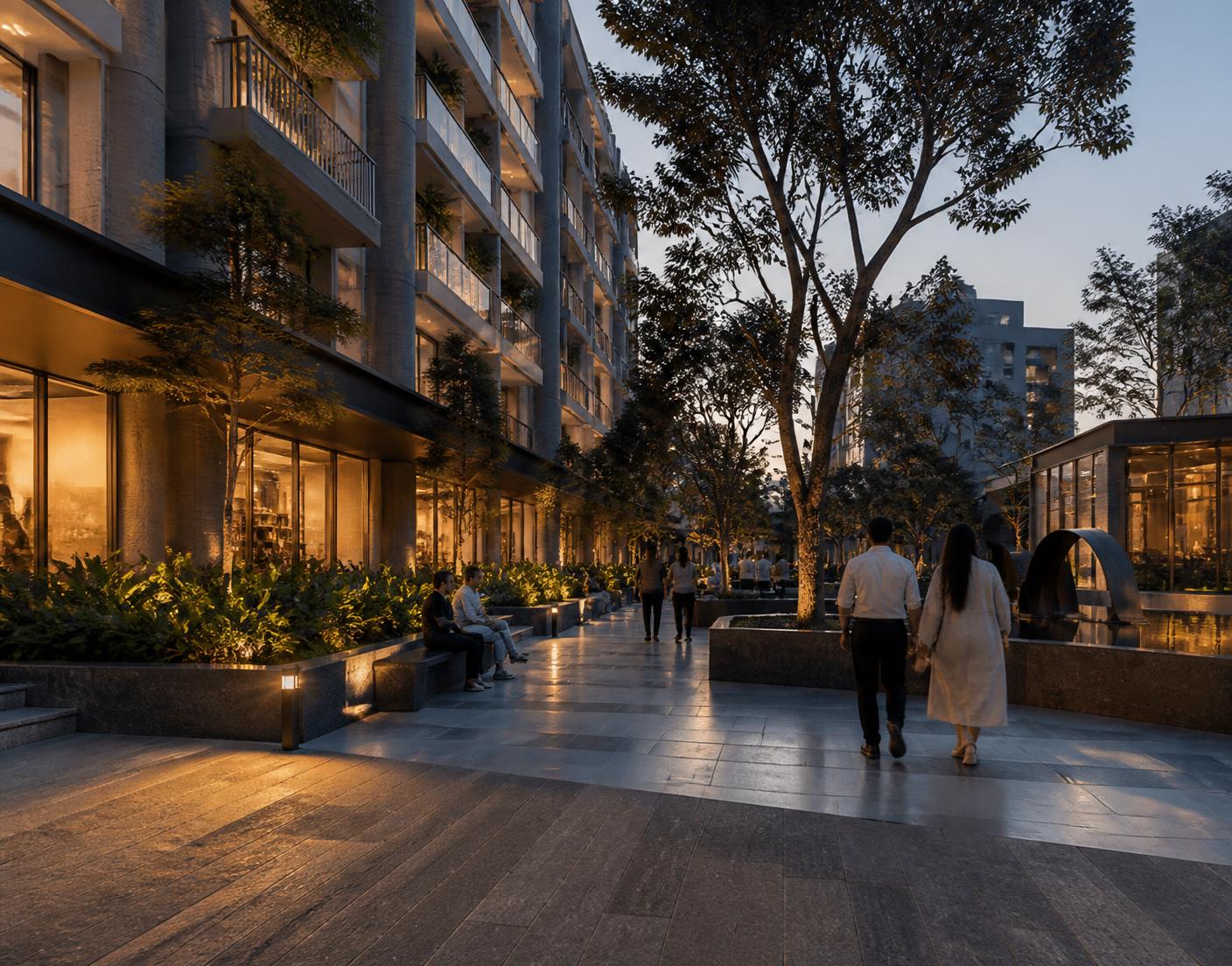Landscaped contemporary mixed-use development at dusk