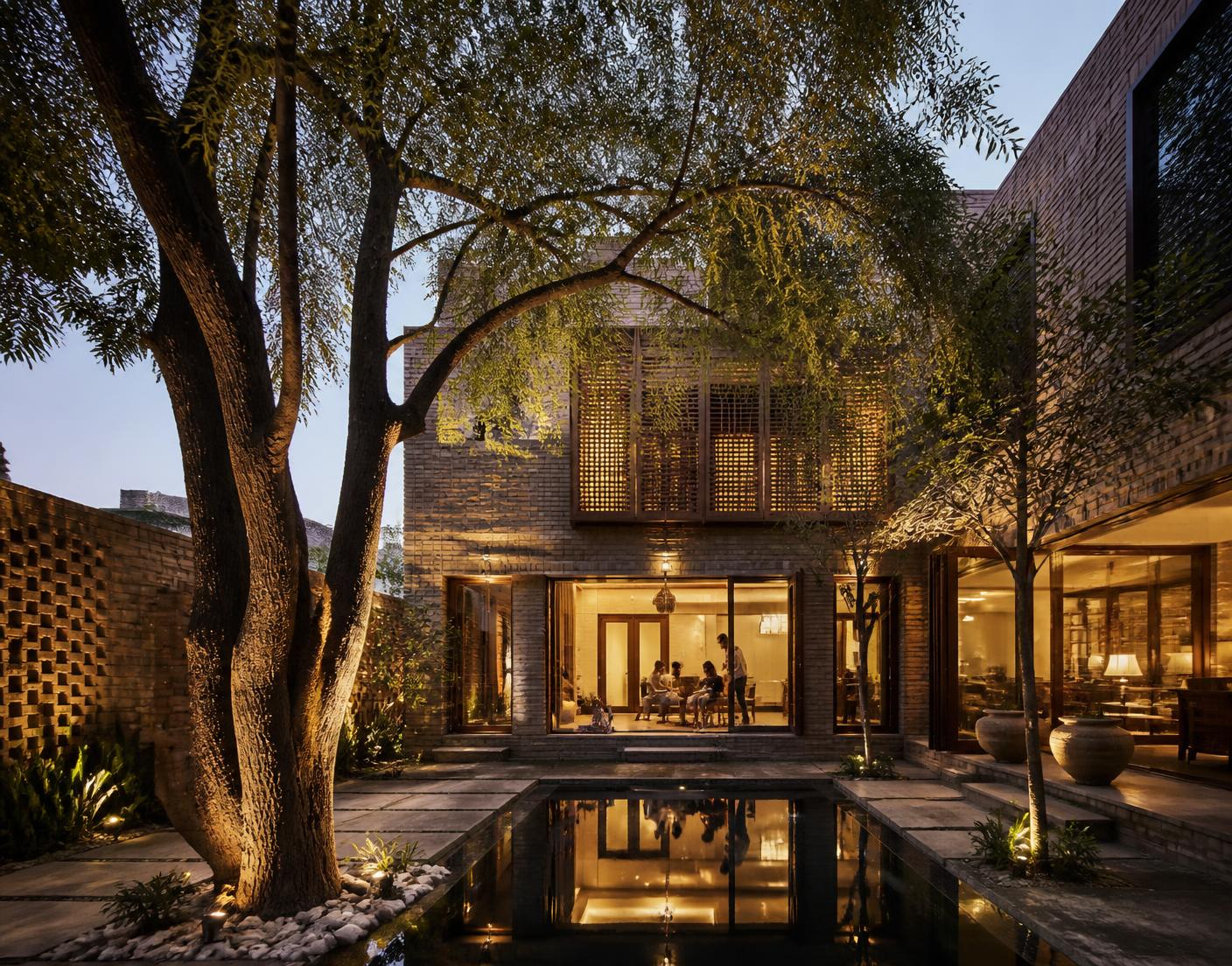 Contemporary Pakistani courtyard home at dusk